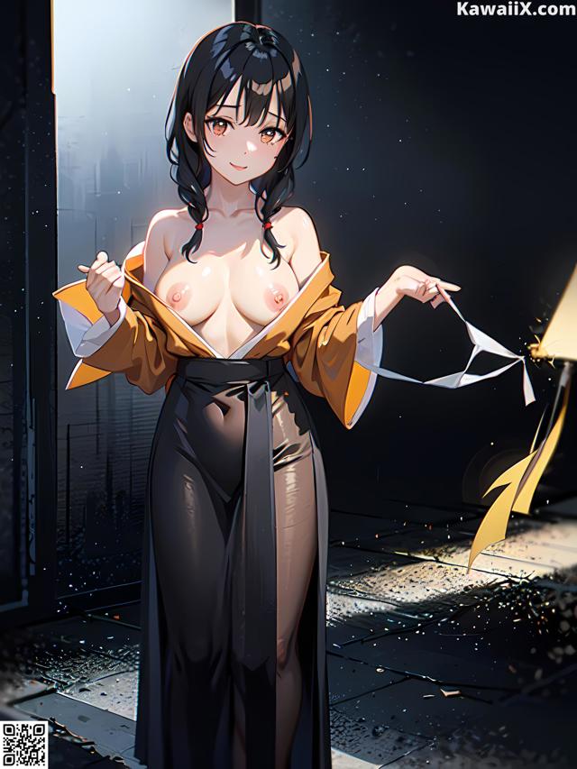A woman in a kimono holding a piece of paper in her hand.