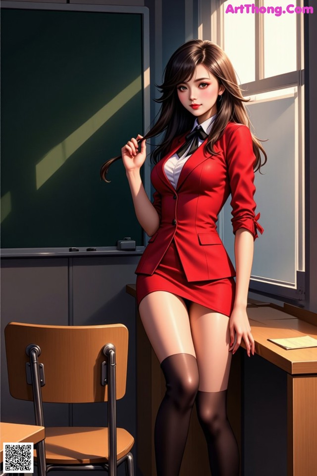 A woman in a red suit standing in front of a blackboard.