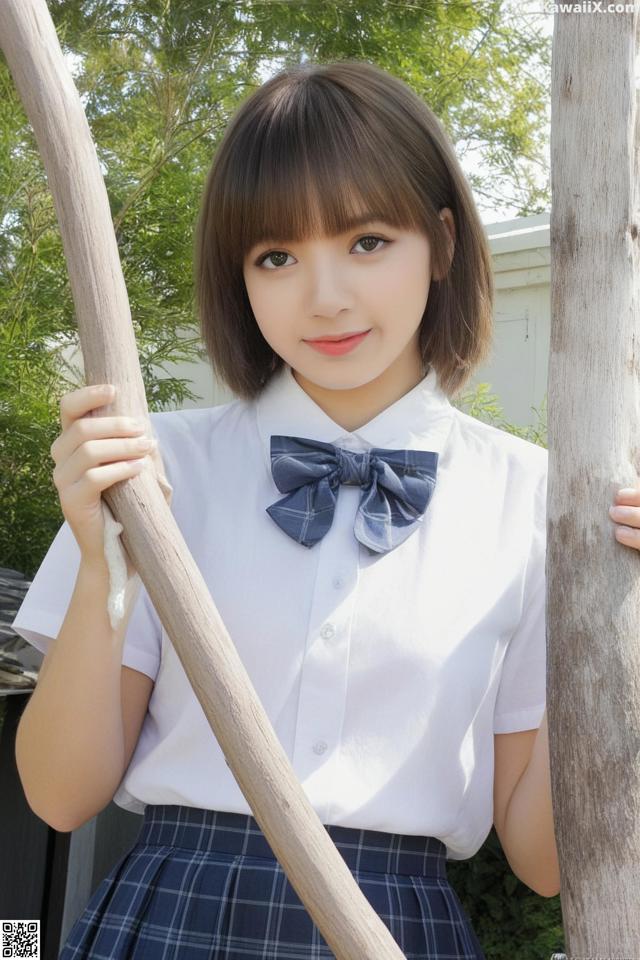 A young woman in a school uniform holding a wooden stick.