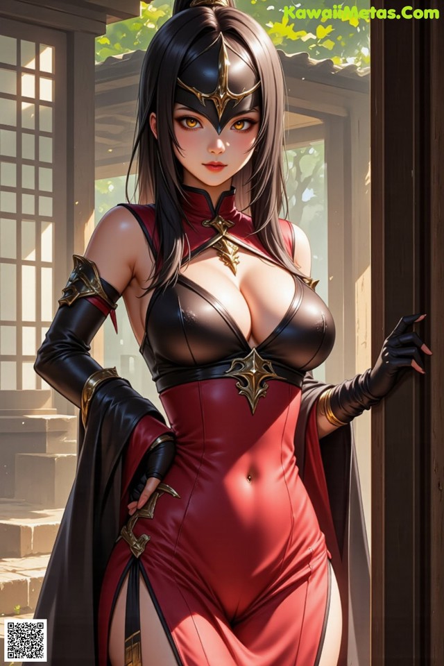A woman in a red and black outfit posing for a picture.