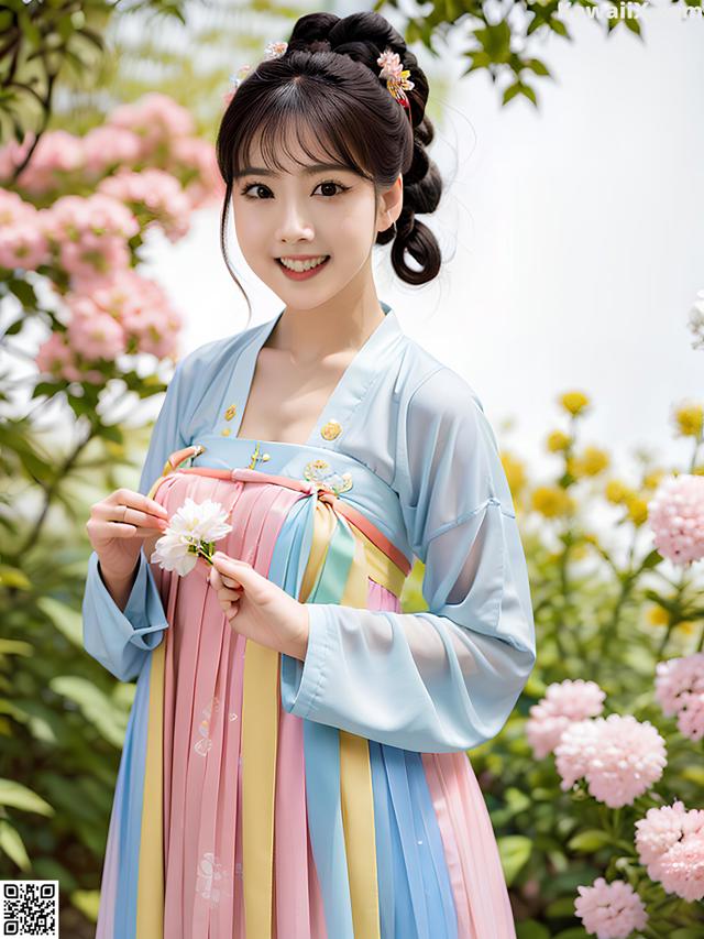 A woman in a blue and pink hanbok holding a flower.