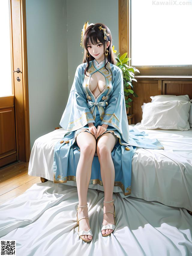 A woman in a blue kimono sitting on a bed.