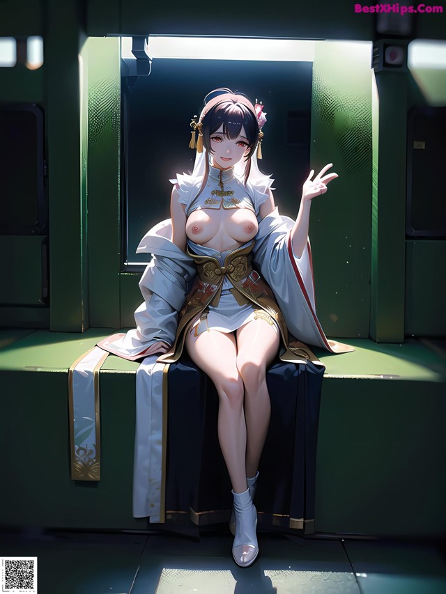 A woman in a kimono sitting on a train.